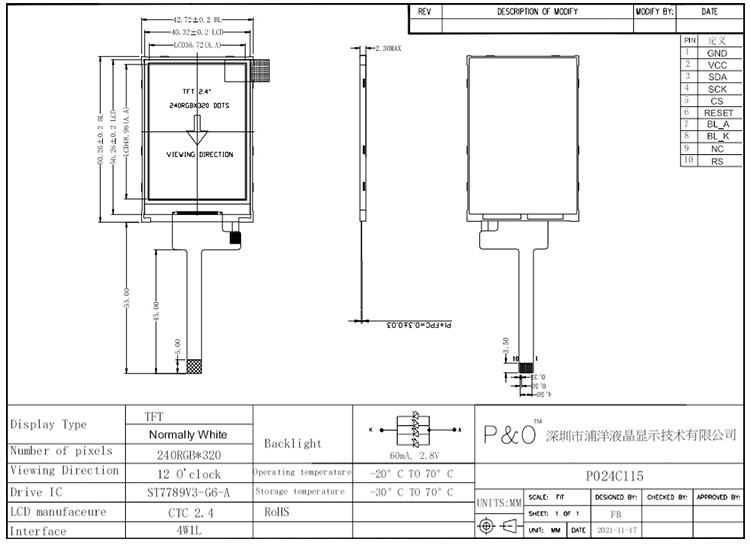Polcd RoHS 2,4-Zoll-LCD-TFT-Display ST7789V3 TFT-LCD-Modul 4-Draht-SPI