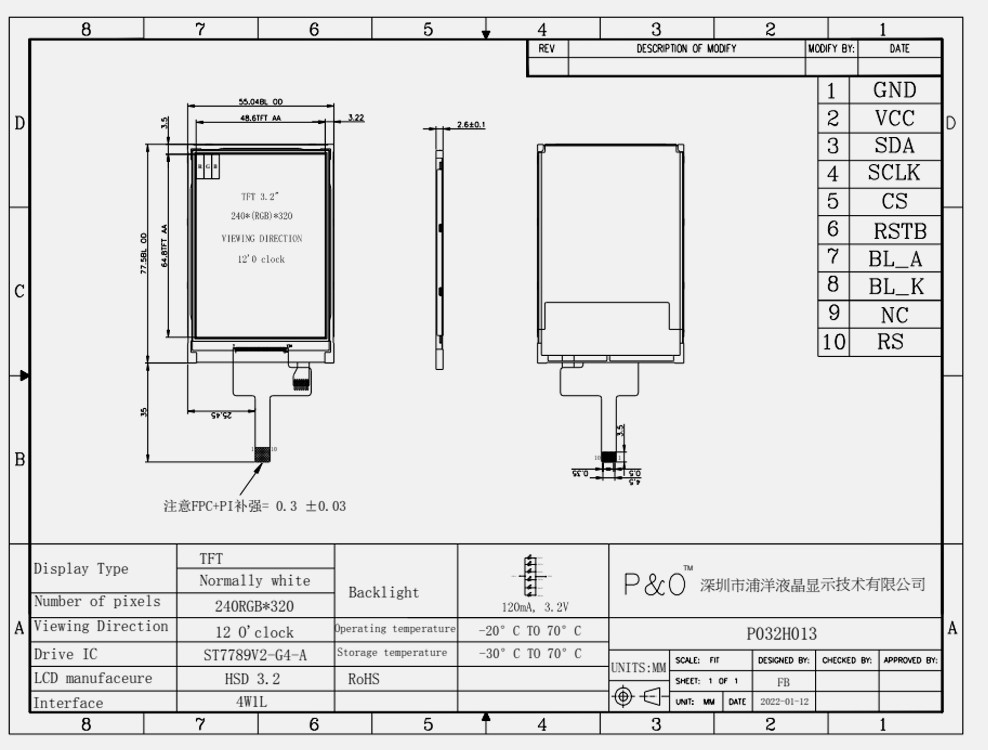 Polcd ST7789V 3,2-Zoll-TFT-LCD-Farbdisplay 262K TFT-LCD-Display 48,6 mm 12 0'CLOCK