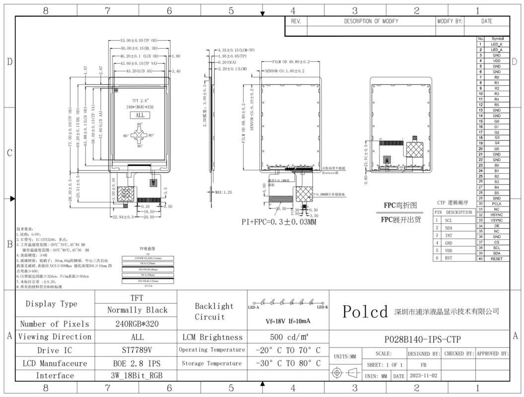 Polcd hohe Leuchtkraft 500nit 2,8 Zoll LCD-Bildschirm 240x320 IPS alle Blickwinkel CTP Kapazitive Touch TFT-Display