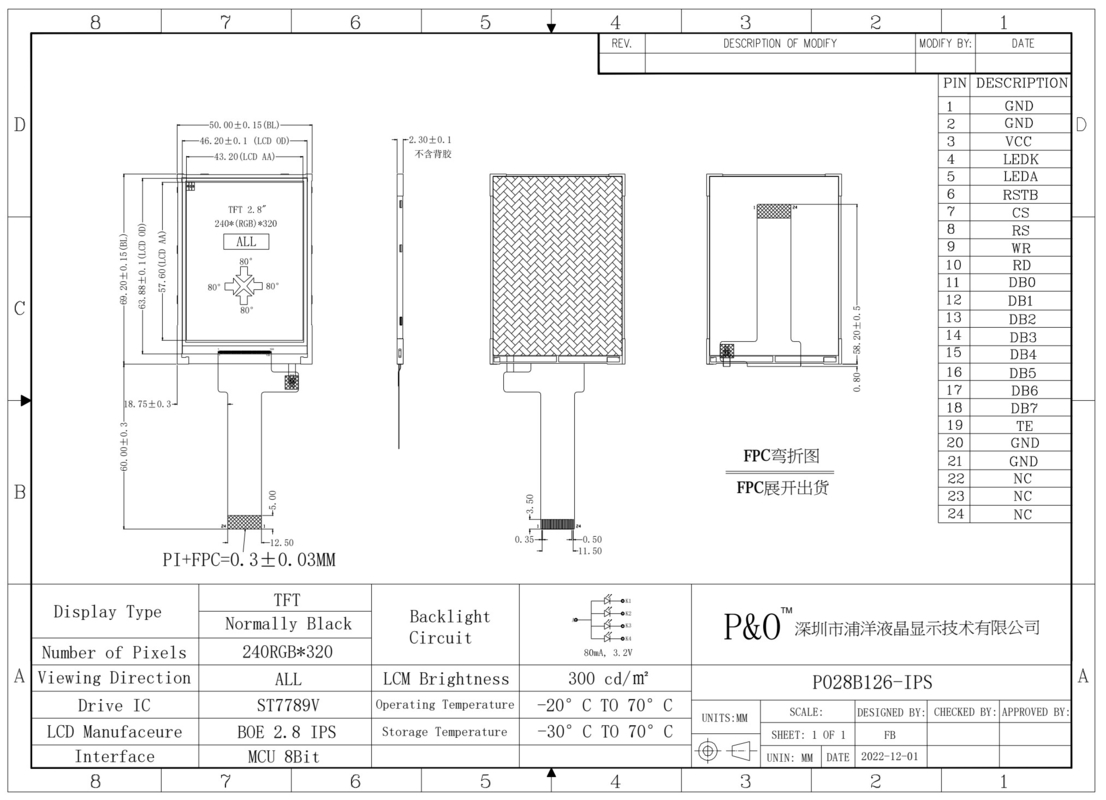 Polcd 2,8 Zoll LCM Display IPS Bildschirm 240x320 Auflösung MCU 8-Bit-Schnittstelle 24pins TFT LCD Modul