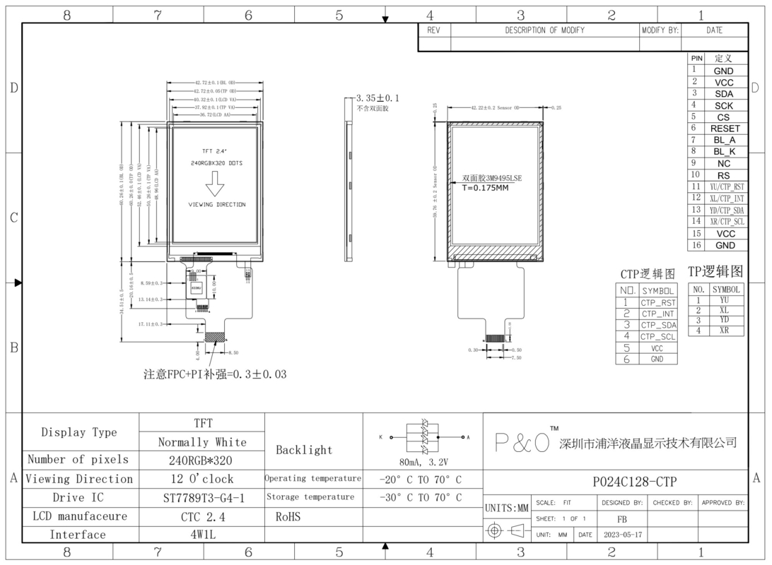 Polcd TFT 2,4-Zoll Spi-Schnittstelle LCD 240*320 RGB Farb-Touchscreen ST7789V 16pins 2,4 TFT-Display