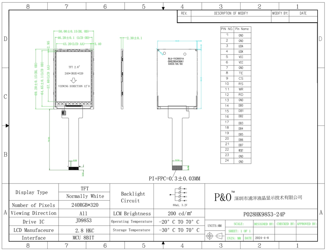 Polcd IPS Module 2.8' 240*320 Panel Spi Schnittstelle JD9853 IC Bildschirm 2.8 Zoll Tft LCD-Display