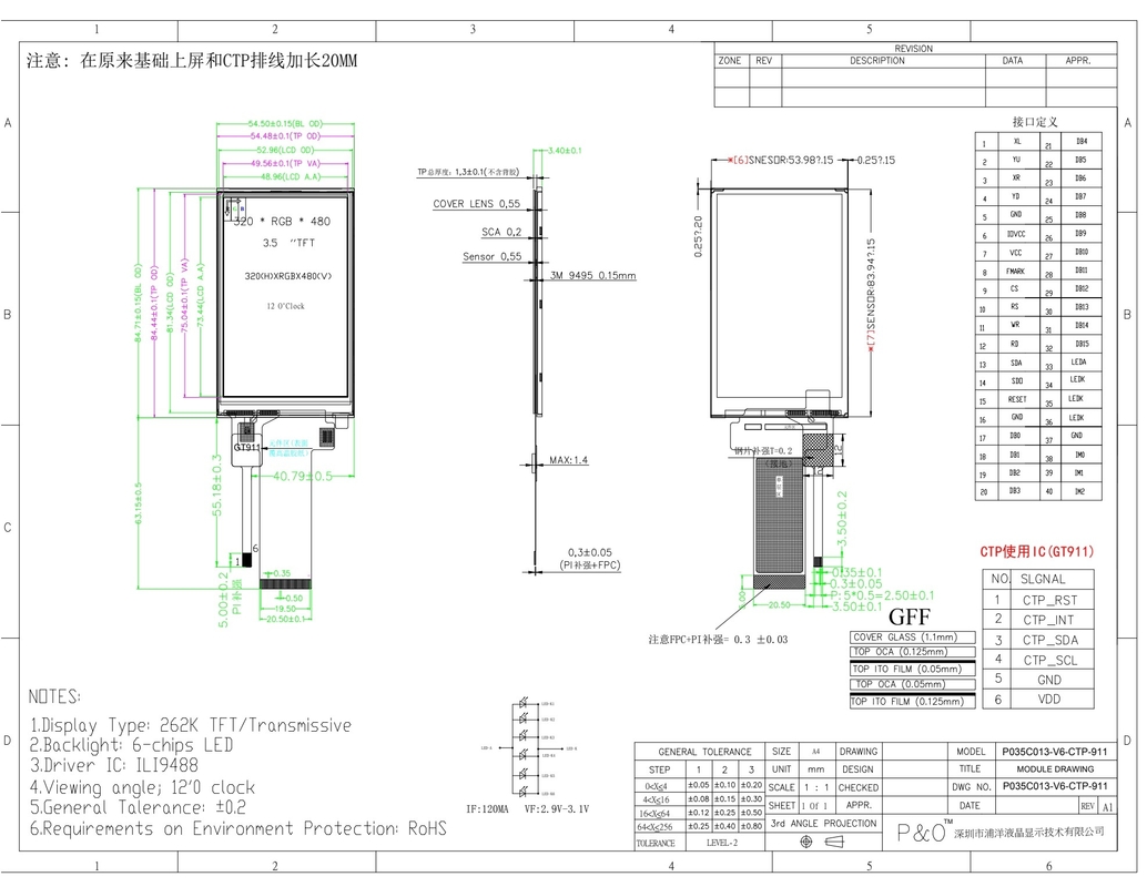 Polcd 3,5 Zoll QVGA-LCD-Display mit 320x480 Auflösung MCU SPI-Schnittstelle Touch Panel 3,5