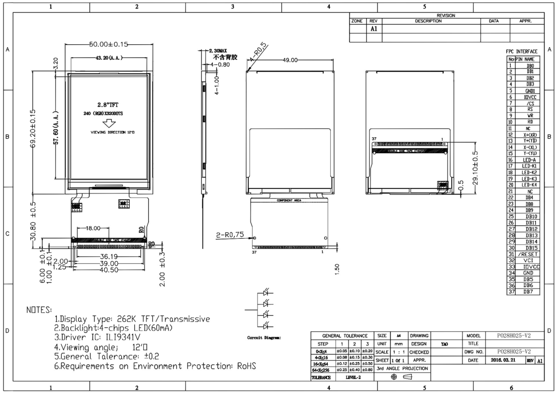 Polcd-Auflösung 240X320 2,8-Zoll-SPI-TFT-LCD-Ili9341V-RoHS-TFT-Touchscreen