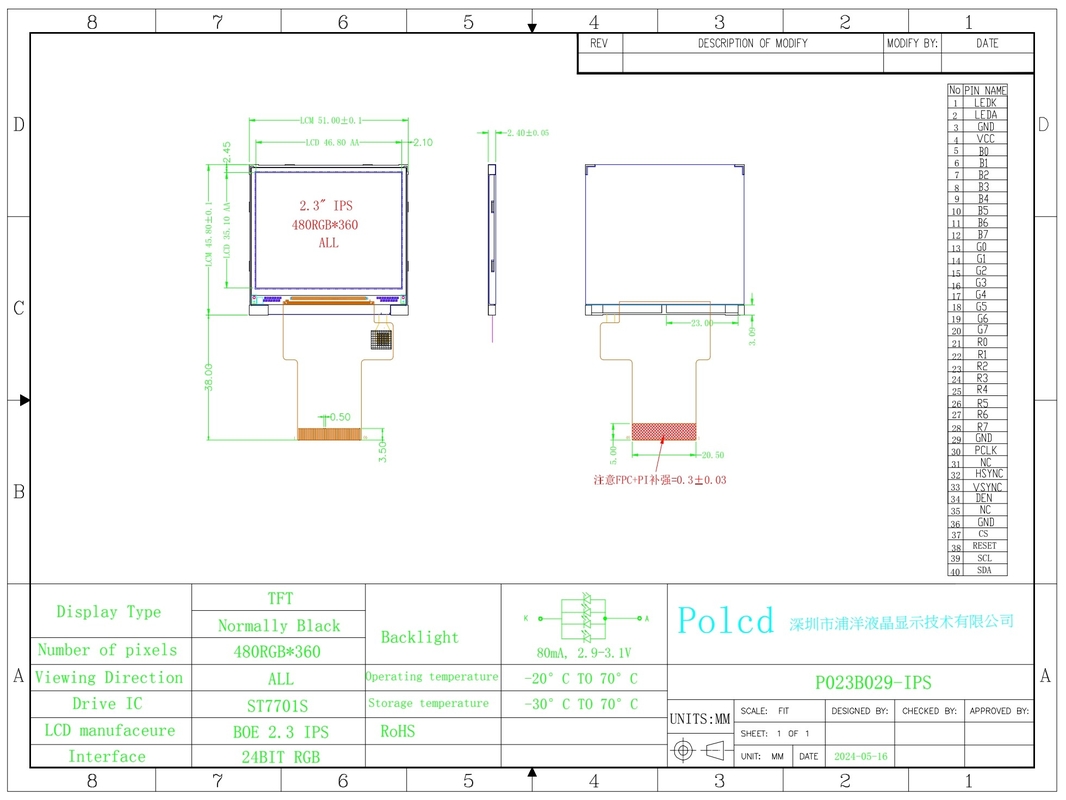 Polcd Quadrat TFT-Bildschirm 2,31 Zoll LCD-Modul 480*360 IPS Blickwinkel 40-Pin-LCD-Display