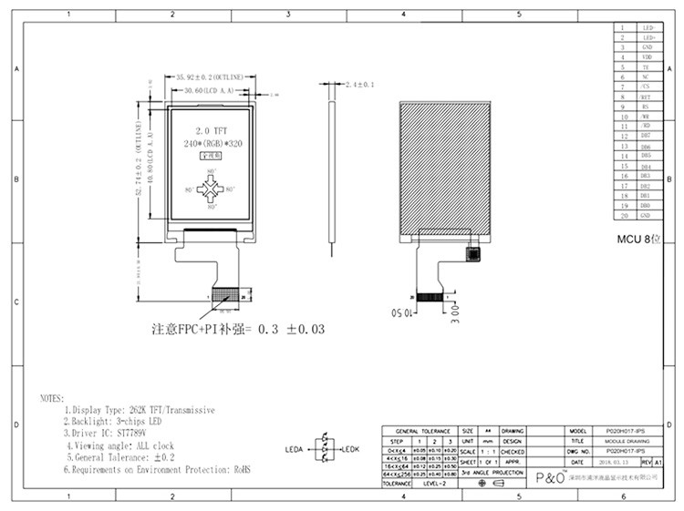 Polcd 262K 2,4 mm 2-Zoll-LCD-Bildschirm ST7789V IPS-TFT-LCD-Display 240 x 320