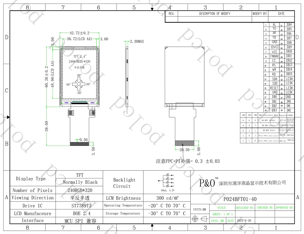 Polcd 2,4 Zoll LCM-Modul Transflective SPI MCU Schweißen 20pins Auflösung 240x320 TFT LCD-Bildschirm