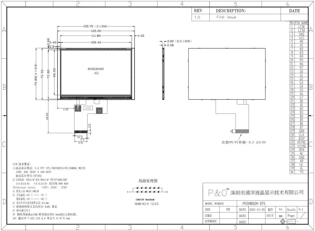 Polcd 800x480 5 Zoll Quadratbildschirm LCD IPS Blickwinkel LCD Bildschirm 40pin ST7262 Antrieb TFT-Modul