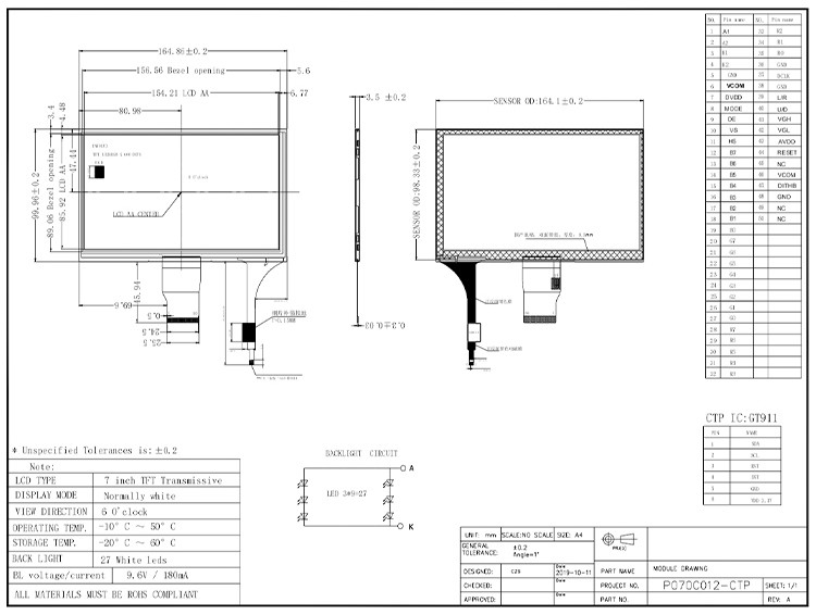 Polcd 7-Zoll-LCD-Modul mit mittlerer Größe 800*480 hoher Helligkeit Kapazitiv-Touch-TFT-Display