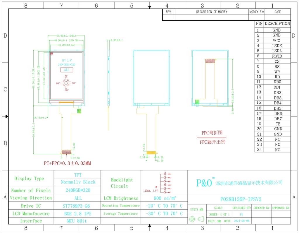 Polcd 2,8 Zoll LCD-Bildschirm 240x320 MCU-Schnittstelle Weitblick Winkel TFT Transflexions-LCD-Modul mit ST7789P3-G6