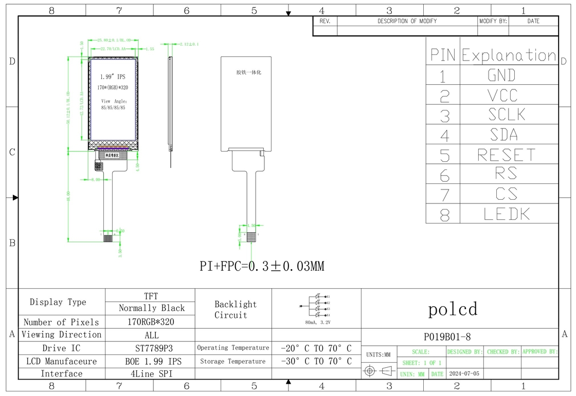 Polcd 1,9 Zoll 170*320 ST7789P3-G6 SPI Bar TFT LCD Modul Bildschirm 8 Pins IPS vertikale LCM-Anzeige