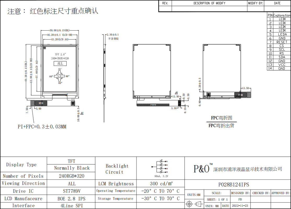 Polcd 2,8-Zoll-LCD-Modul 240x320 ST7789V SPI-Schnittstelle 14 Pins 2,8 TFT-Display LCD-Bildschirm