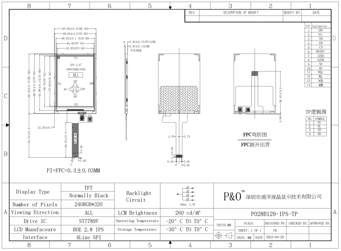 Polcd Kleine 2,8 Zoll 240x320 14pins RTP Resistive Touch Panel SPI Schnittstelle ST7789V 2,8 