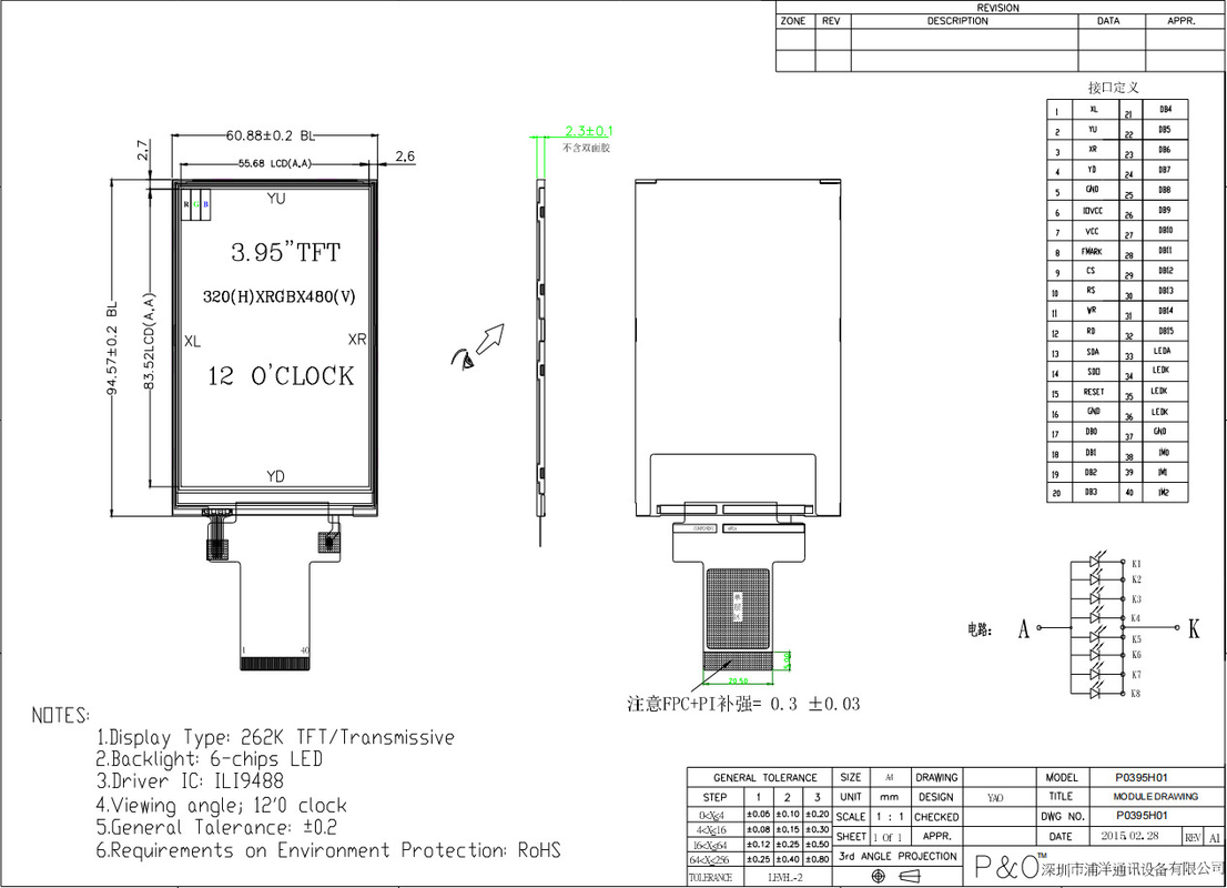 Polcd Custom 3,95 Zoll 320x480 Ips Tft Lcd RGB Schnittstelle Liquid Crystal Display Modul mit Touch