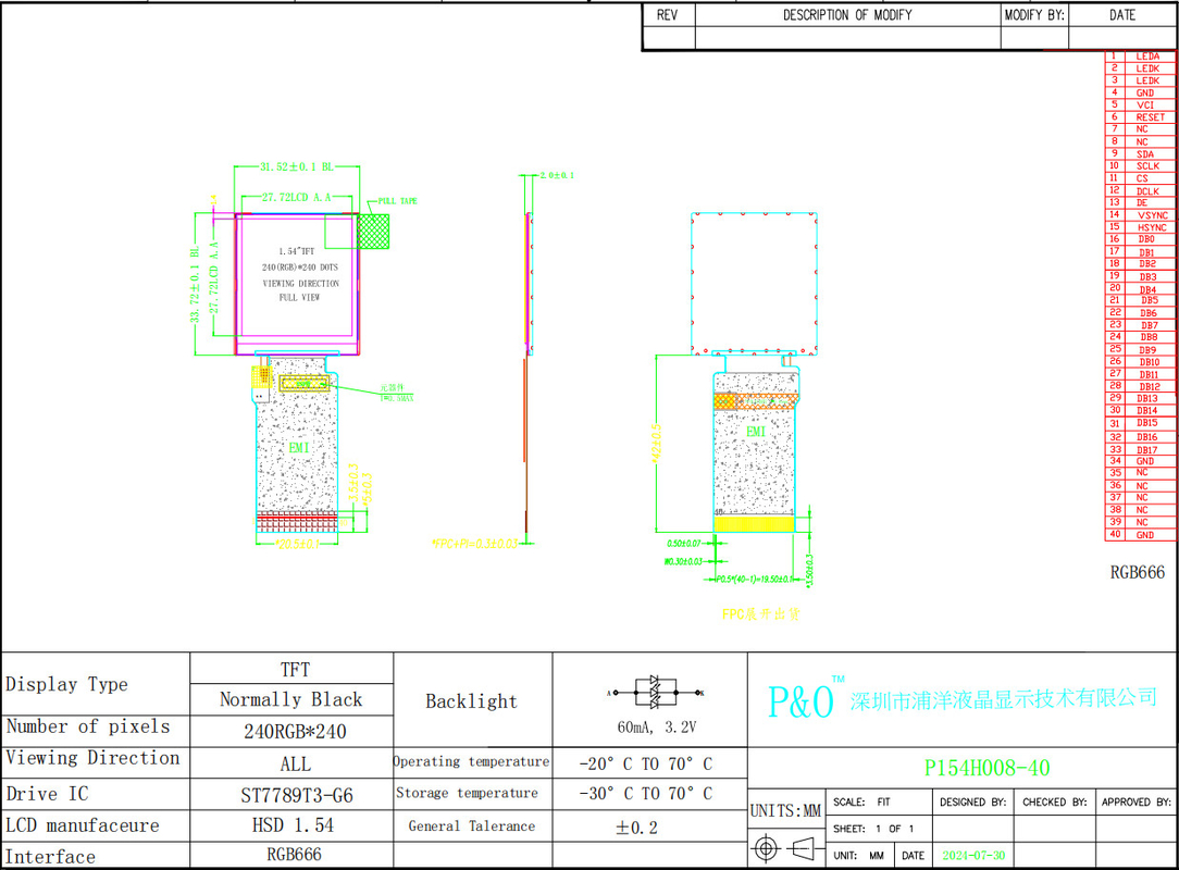 Polcd 1,54 Zoll IPS TN Micro TFT LCD Modul mit LED Hintergrundbeleuchtung 240x240 ST7789T3 Fahrer IC LCD-Display