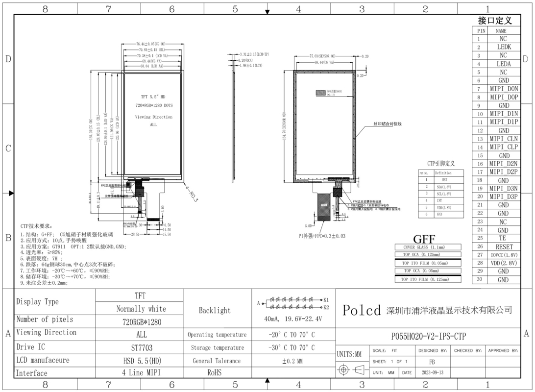Polcd 5,5 Zoll IPS TFT LCD 720x1280 Vollblick Winkel mit MIPI-Schnittstelle LCD-Display-Modul