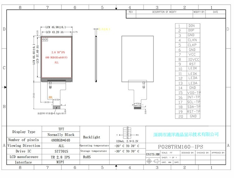 Polcd 2,8 Zoll 480x640 Auflösung IPS Glas LCM LCD Modul MIPI Schnittstelle TFT-Display