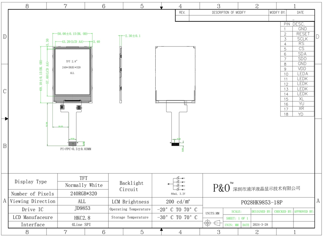 Polcd 2,8 Zoll 240x320 IPS TFT LCD-Bildschirm SPI JD9853 IC Alle freien Blickwinkel Panel Display Modul