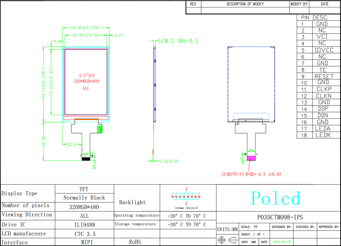 Polcd 3,5 Zoll IPS TFT LCD 320*480 Ili9488 Antrieb Ic 600:1 Kontrastverhältnis