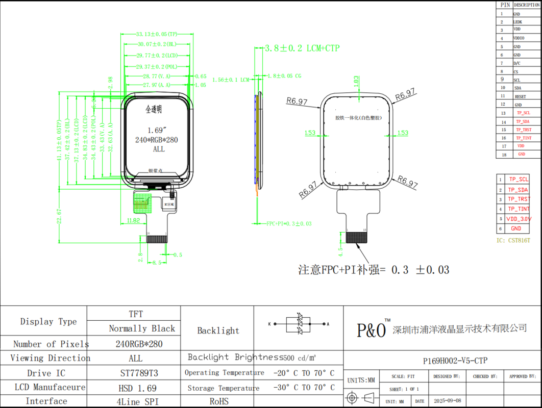 Polcd 1,69 Zoll 240x280 TFT-Display Modul Quadratischer LCD-Touchscreen für Smart Watch