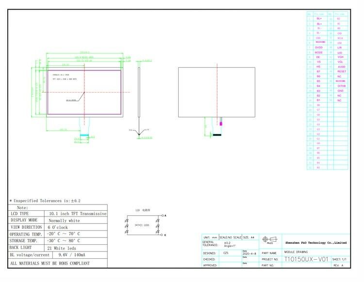 Polcd-Auflösung 1024 x 600 10,1-Zoll-LCD-Display EK79001 TFT-Anzeigemodul 750 Nit