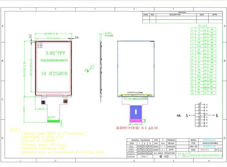 Polcd 3,95 Zoll 320*480 LCD-Display RGB-Schnittstelle ILI9488 40pin TFT-Transmissions-LCD-Modul