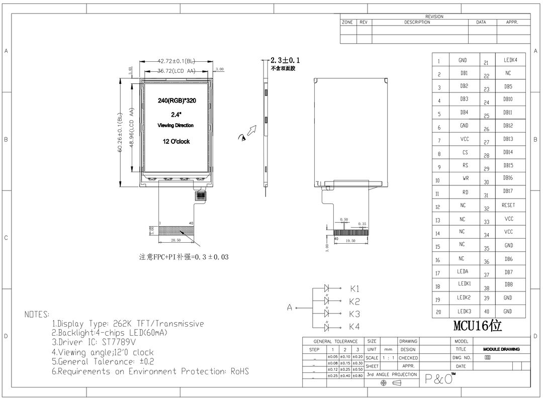 Polcd 3,3 V LCM Stromversorgung Bildschirm Touch Display 2,4-Zoll LCD Modul Panel