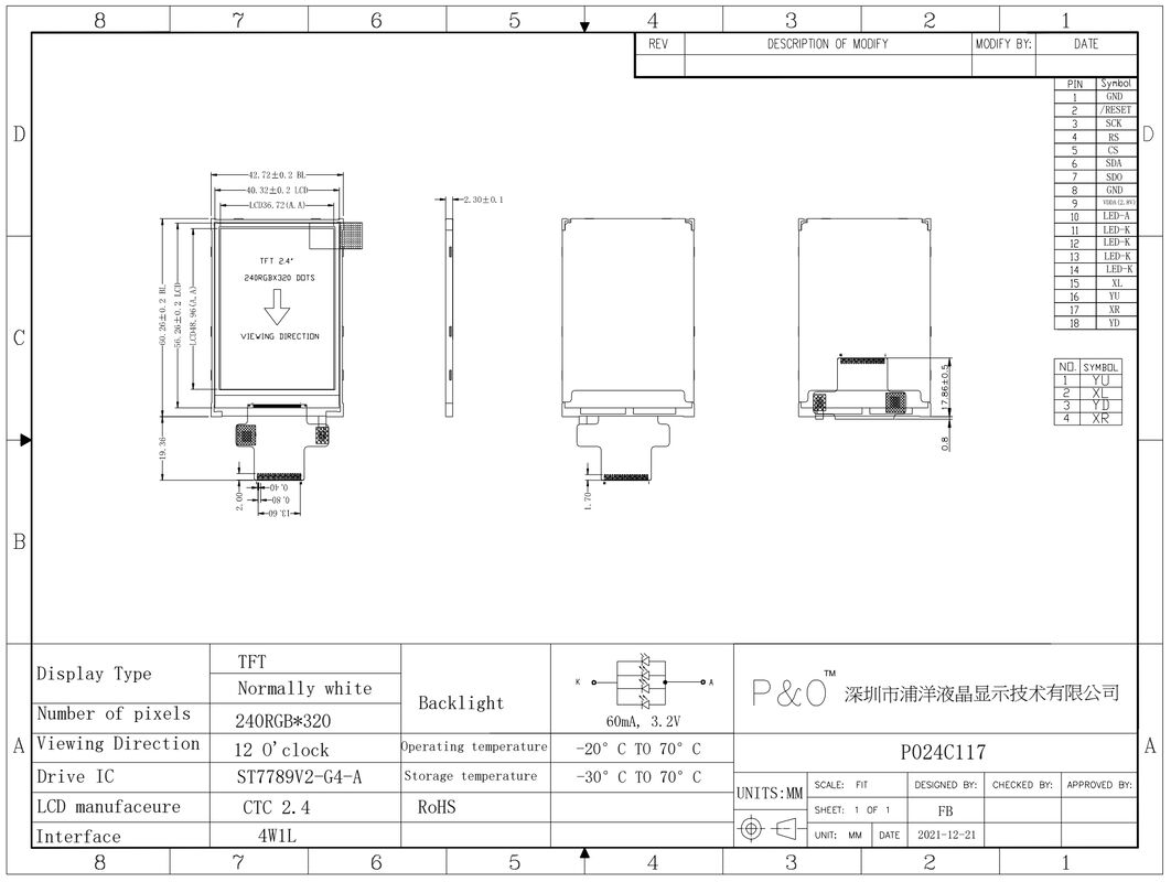 Polcd 18 Noten-Bildschirmanzeige Pin 2,4 Spi Tft Lcd Anzeigen-ST7789V2 Tft