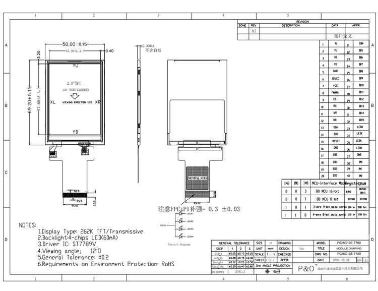 Polcd 2,8 Zoll TN TFT-LCD-Display mit 240x320 Auflösung Transmissive MCU SPI ST7789V TFT-LCD-Bildschirmmodul