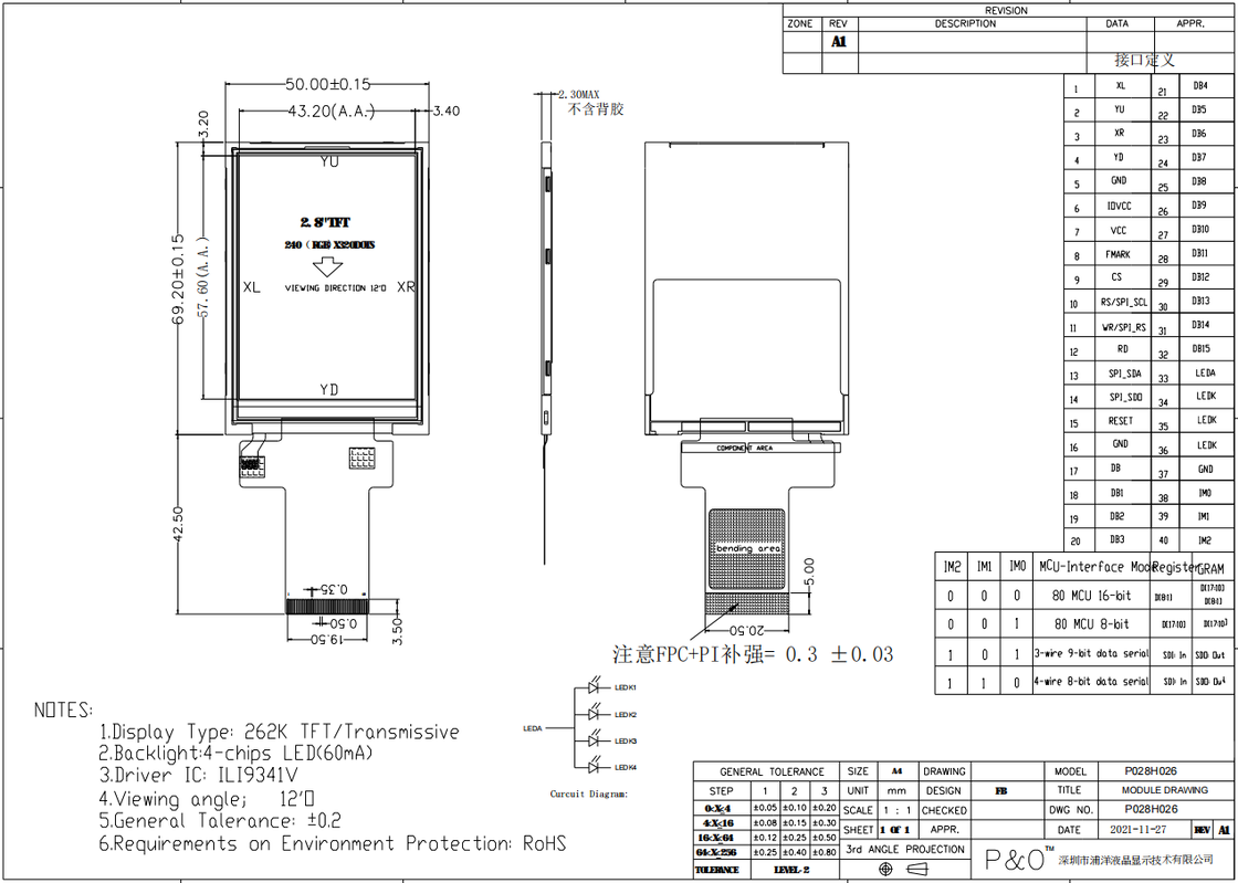 Polcd 2,8 Zoll TFT Modul 240x320 Auflösung SPI MCU Schnittstelle ILI9341v TFT Transmissive 2,8 