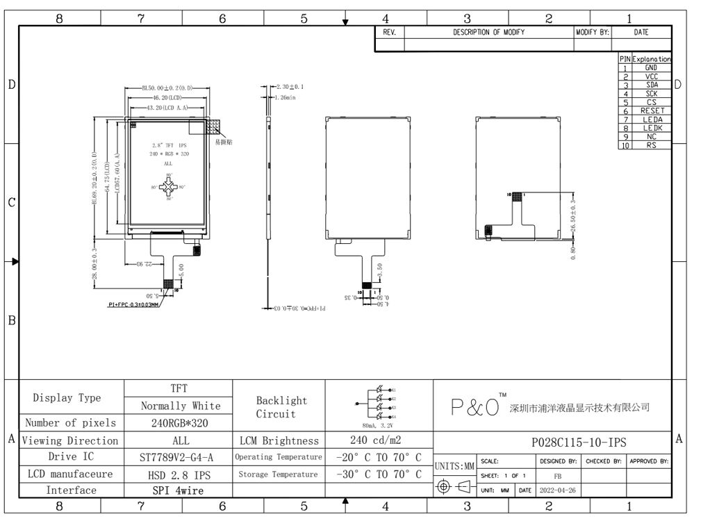 Polcd 2,8 Zoll IPS-Bildschirm LCM-Modul 240x320 SPI-Schnittstelle ST7789V TFT-LCD-Display mit hoher Helligkeit