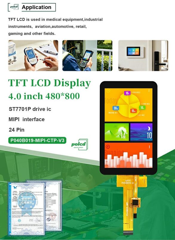 Polcd Custom 480x800 Resolution Colors Anti-blue light CTP 4 Inch Tft Display Full View IPS Screen
