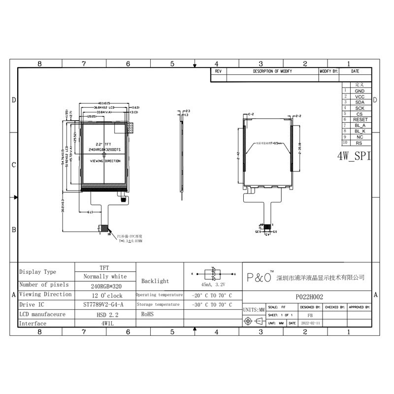 Polcd 240 x 320 2,2 Zoll LCD-Display ST7789V kleiner TFT-Monitor 300 Helligkeit