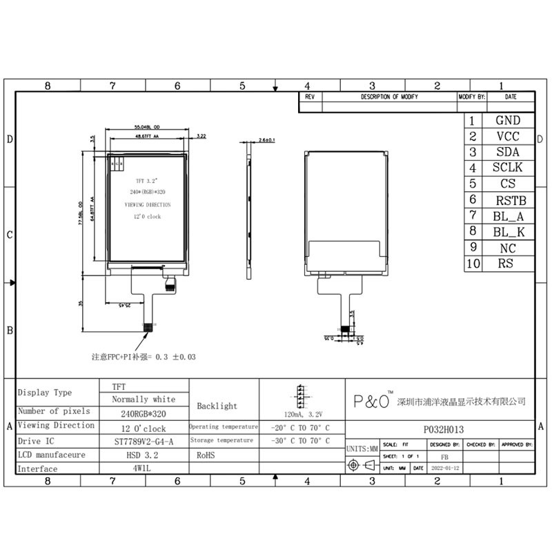 Polcd ST7789V 3,2 Zoll 320 x 240 Touch-LCD-4-Zeilen-SPI-LCD-Monitor mit hoher Helligkeit