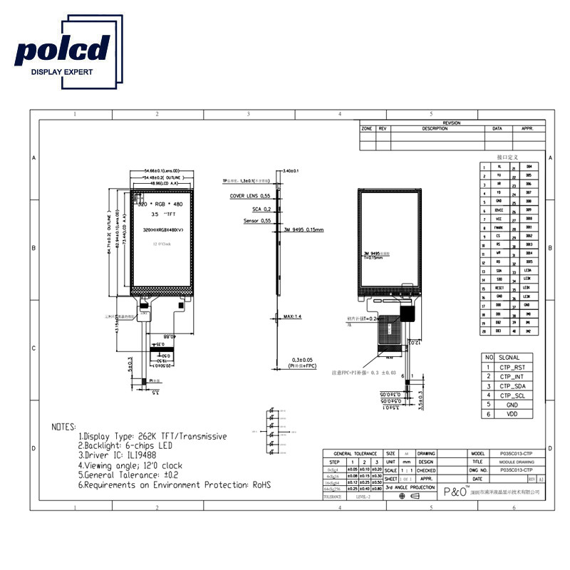 Polcd ST7796S 3,5-Zoll-LCD-TFT-Display Rgb RoHS 18-Bit-LCD für medizinische Anwendungen